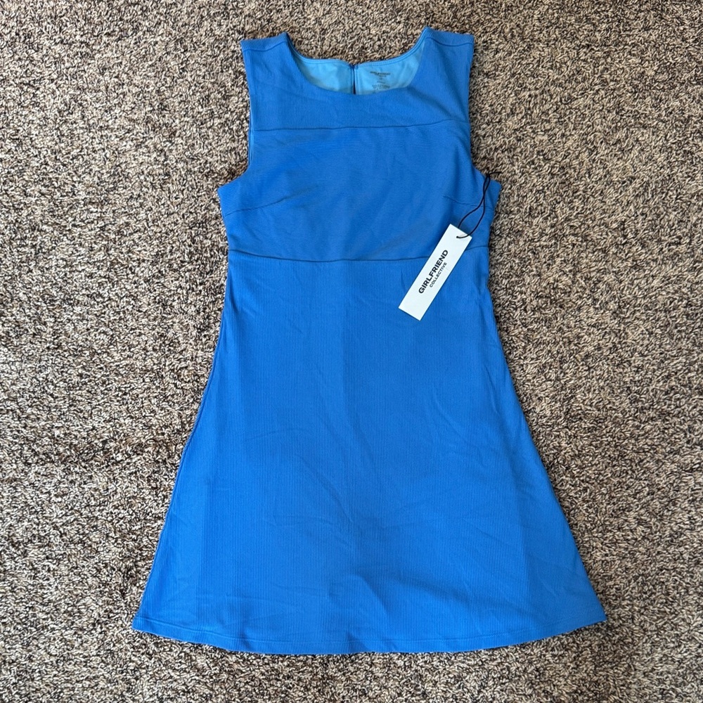 Girlfriend Collective Lucia Blue Ribbed Sleeveless Dress with shorts